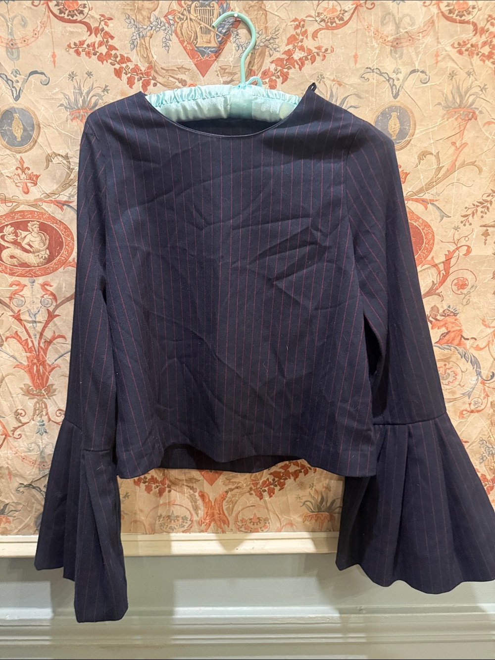 Zara Navy Pinstripe Bell-Sleeve Blouse
